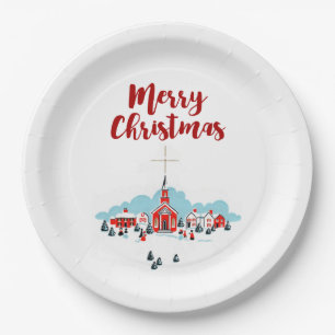 Winterlandschaft mit Roter Kirche und Weihnachtsst Pappteller