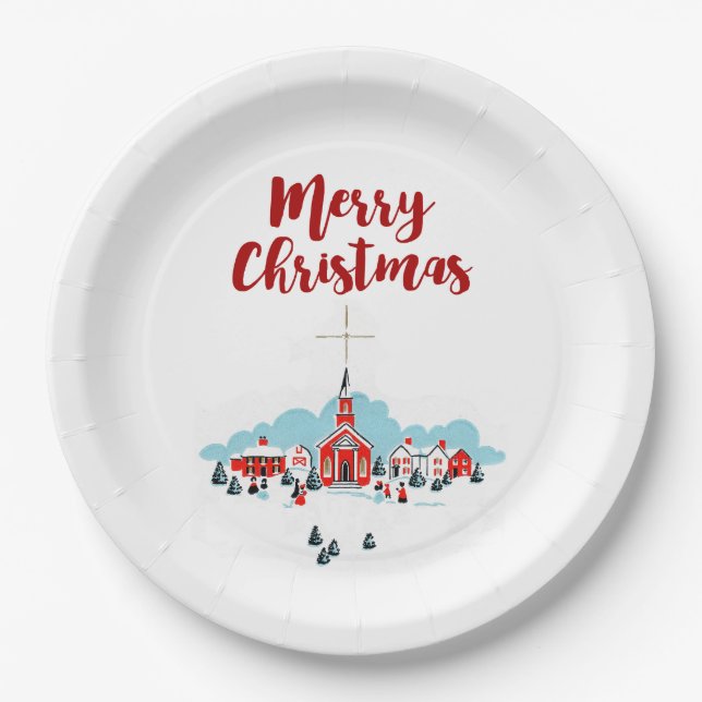 Winterlandschaft mit Roter Kirche und Weihnachtsst Pappteller (Vorderseite)