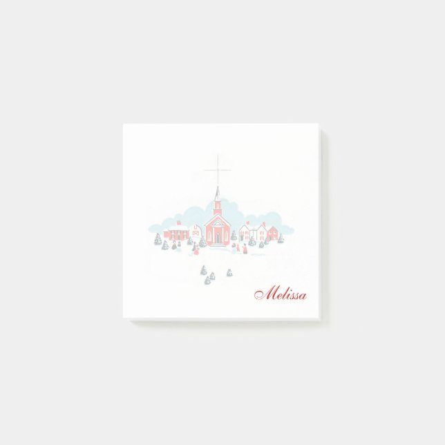 Winterlandschaft mit Roter Kirche und Weihnachtsst Post-it Klebezettel (Vorderseite)
