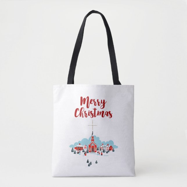 Winterlandschaft mit Roter Kirche und Weihnachtsst Tasche (Vorderseite)