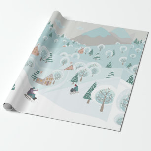 Winterlandschaft mit Schnee, Bäumen und Kindern a Geschenkpapier