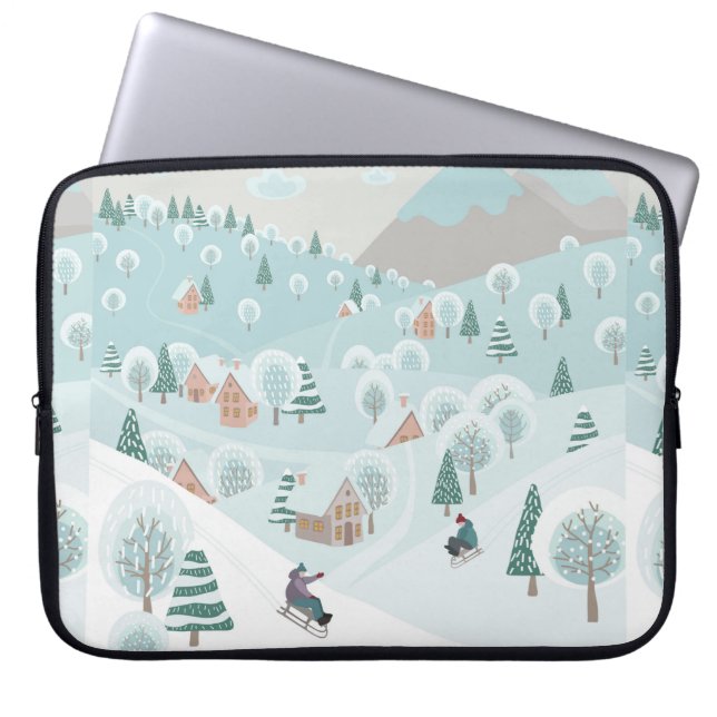 Winterlandschaft mit Schnee, Bäumen und Kindern au Laptopschutzhülle (Vorderseite)
