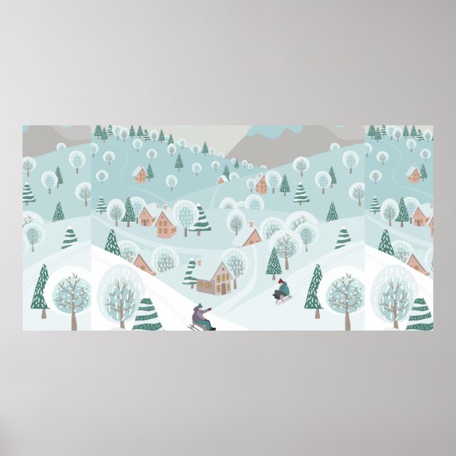 Winterlandschaft mit Schnee, Bäumen und Kindern au Poster (Vorne)