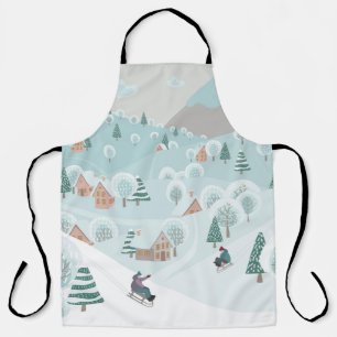 Winterlandschaft mit Schnee, Bäumen und Kindern au Schürze