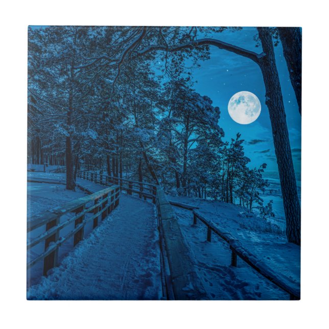 Winterlandschaft mit schneebedecktem Pinienwald Fliese (Vorderseite)