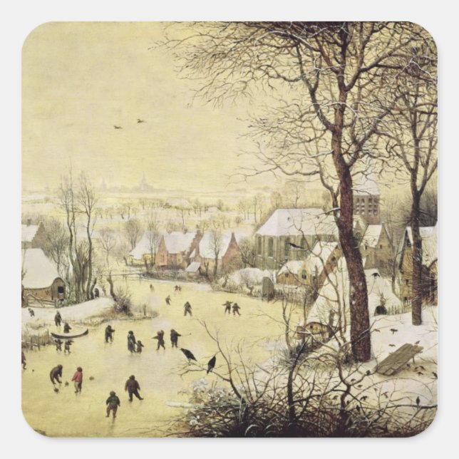Winterlandschaft mit Skatern Quadratischer Aufkleber (Vorderseite)