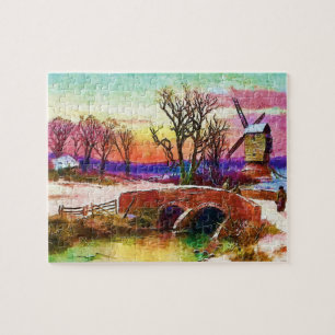 Winterlandschaft mit Windmühle und Steinbrücke Kun