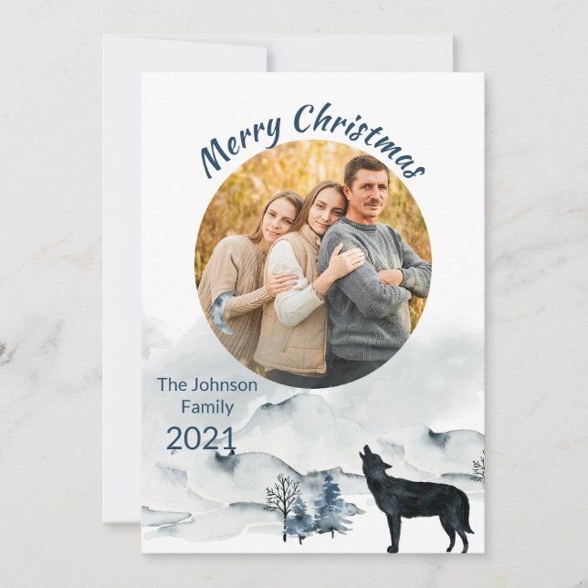 Winterlandschaft mit Wolf Weihnachtsfamilien Foto (Vorderseite)