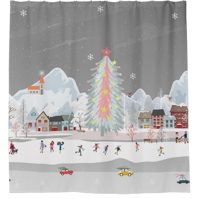 Winterlandschaft: Nachtdorf-Feiern. Duschvorhang (Vorderseite)