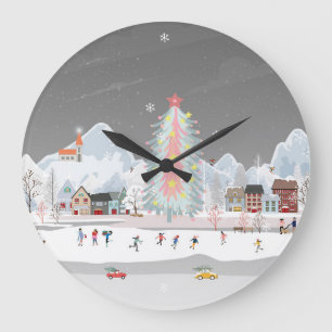 Winterlandschaft: Nachtdorf-Feiern. Große Wanduhr