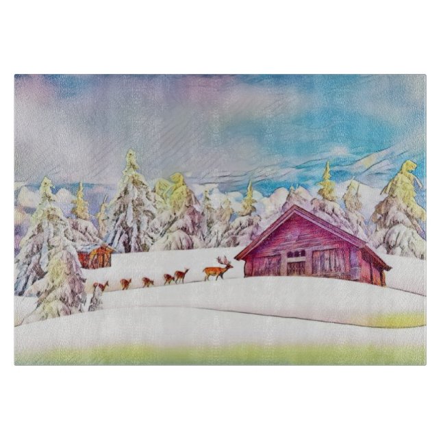 Winterlandschaft Rentier und Blockhütte Wasserfarb Schneidebrett (Vorderseite)