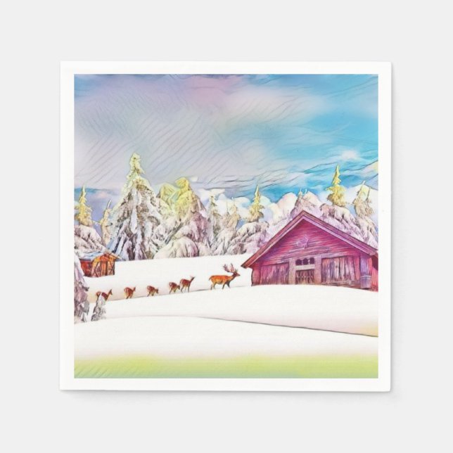 Winterlandschaft Rentier und Blockhütte Wasserfarb Serviette (Vorderseite)
