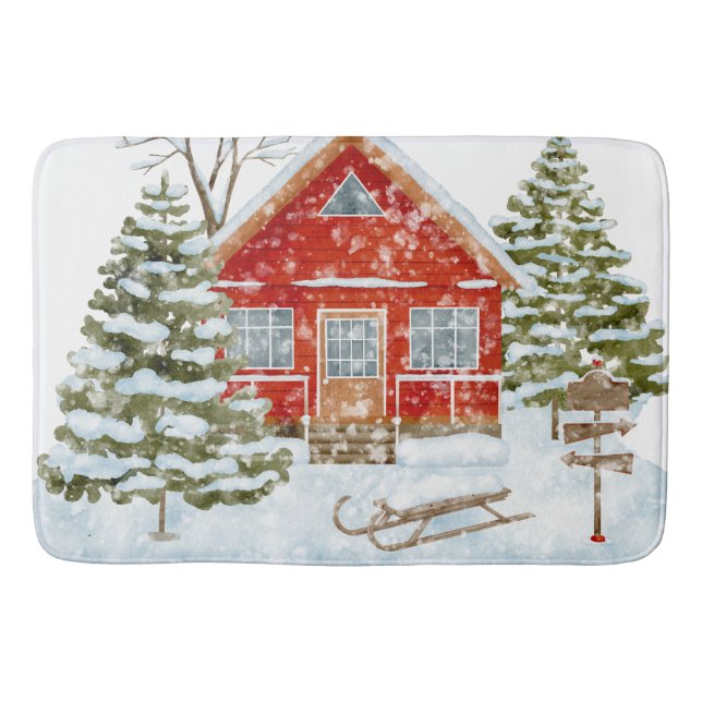 Winterlandschaft Rotes Haus Badematte (Vorderseite)
