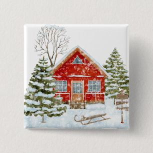Winterlandschaft Rotes Haus Button