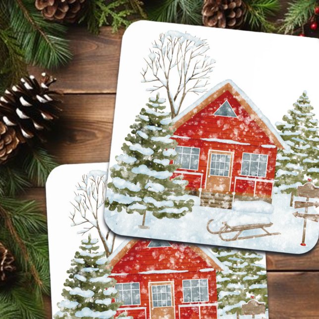 Winterlandschaft Rotes Haus Getränkeuntersetzer (Von Creator hochgeladen)