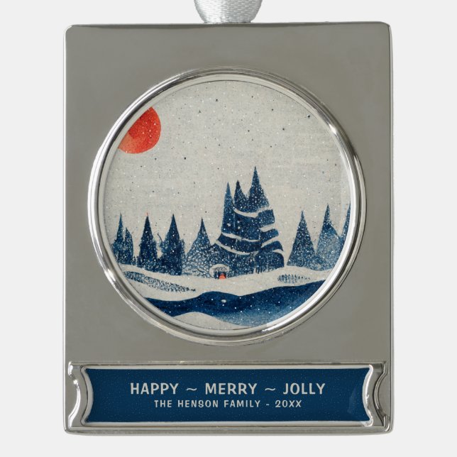 Winterlandschaft Schneewald Moon Blau Zeichnend Banner-Ornament Silber (Vorderseite)
