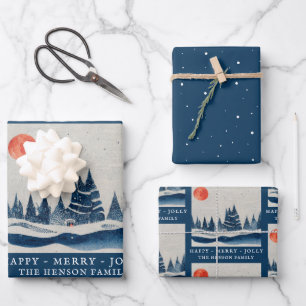 Winterlandschaft Wald Mond Marineblaue Zeichnung Geschenkpapier Set