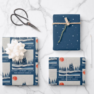 Winterlandschaft Wald Mond Marineblaue Zeichnung  Geschenkpapier Set
