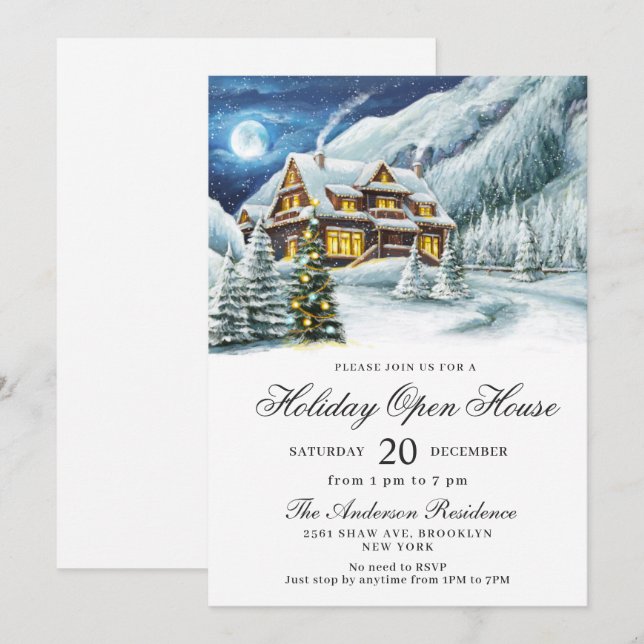 Winterlandschaft Weihnachtsfeiertag Open House Einladung (Vorne/Hinten)