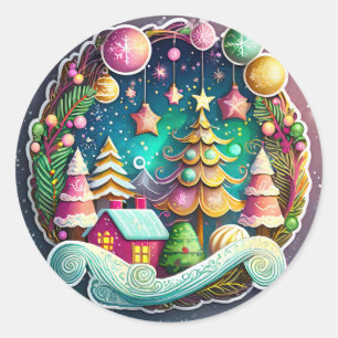 Winterlandschaft Weihnachtskranz Runder Aufkleber
