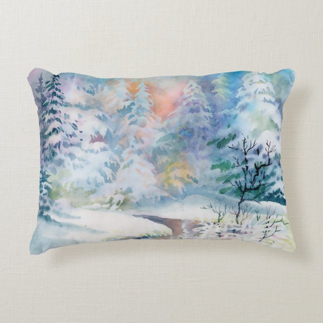 Winterlandschaftsdarstellung in Aquarellfarben Dekokissen (Vorderseite)