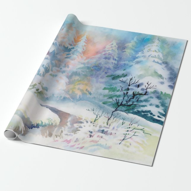 Winterlandschaftsdarstellung in Aquarellfarben Geschenkpapier (Ungerollt)
