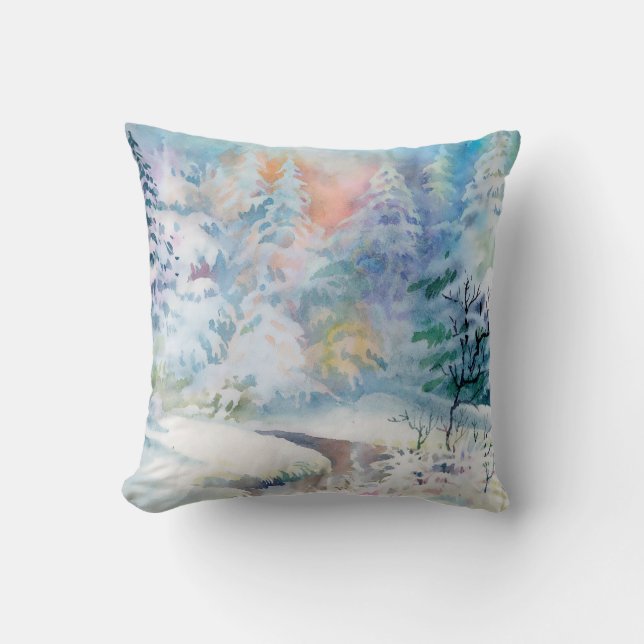 Winterlandschaftsdarstellung in Aquarellfarben Kissen (Vorderseite)