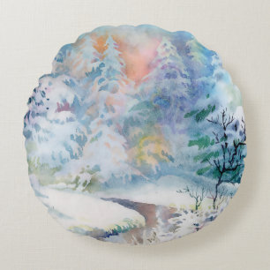 Winterlandschaftsdarstellung in Aquarellfarben Rundes Kissen