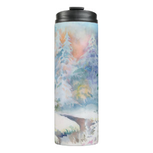 Winterlandschaftsdarstellung in Aquarellfarben Thermosbecher
