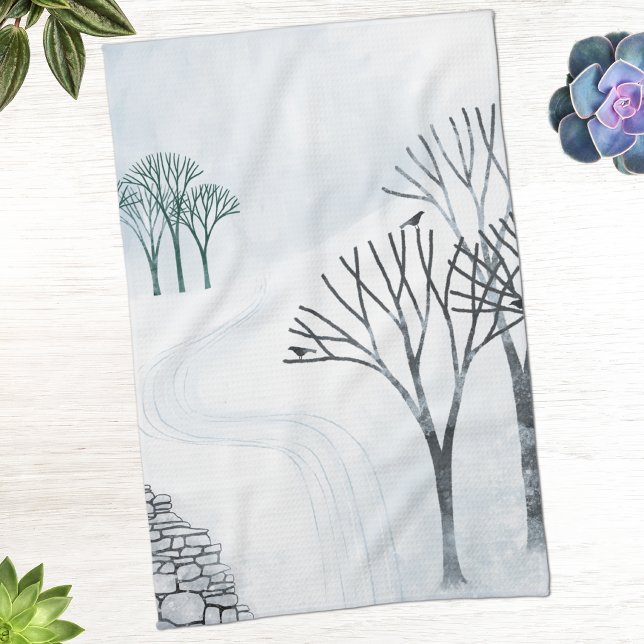 Winterlandschaftskunst in Schnee Geschirrtuch (Winter landscape art kitchen tea towel)