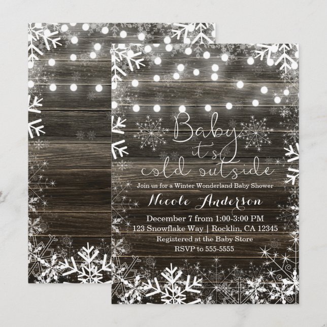 Winterleuchten & Schneeflocken Rustikale Babydusch Einladung (Vorne/Hinten)