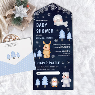 Winterliche arktische Tiere Navy Blau Baby Shower All In One Einladung