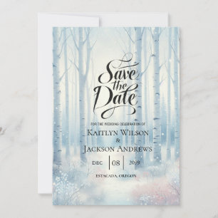 Winterliche Blaue Birkenwald-Hochzeit Save The Date