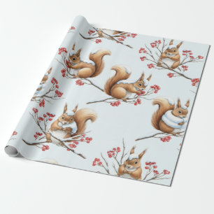 Winterliche Eichhörnchen zwischen schneebedeckten Geschenkpapier