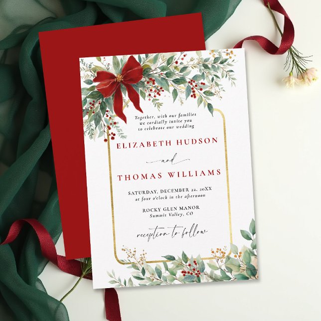 Winterliche Grüne Roter Bogen Rustikal *Goldrahmen Einladung (christmas wedding invitation card template design winter greenery botanical rustic chic golden frame)