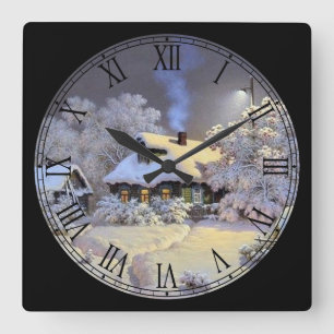 Winterliche Hütte Kunstkunst Römische Stadt Quadratische Wanduhr