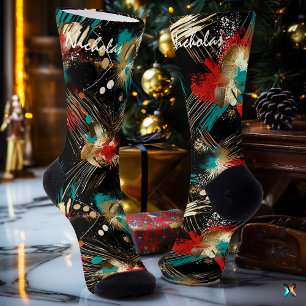 Winterliche Kunstsocken in Türkis, Rot und Gold Socken