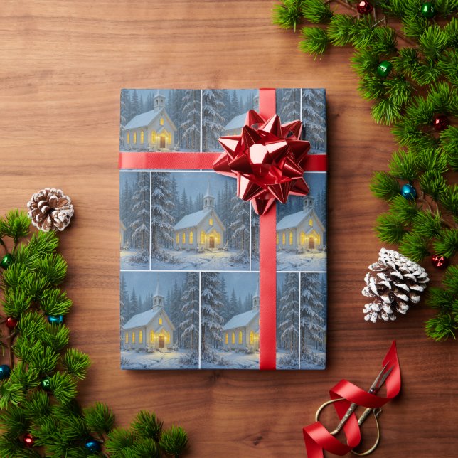 Winterliche Landkirche in Schneeflocken Geschenkpapier (Feiertagsgeschenk)