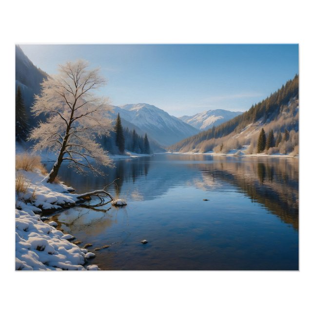 Winterliche Landschaft mit klarem Bergsee Poster (Vorderseite)