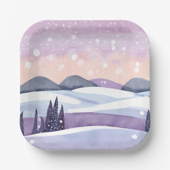 Winterliche lila Hügel Wasserfarben Pappteller (Vorderseite)