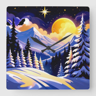 Winterliche Nachtlandschaft mit schneebedeckten Be Quadratische Wanduhr