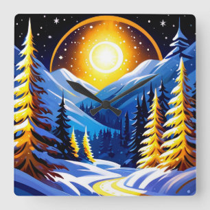 Winterliche Nachtlandschaft mit schneebedeckten Be Quadratische Wanduhr