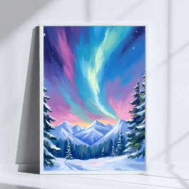 Winterliche Nordlicht-Aquarell-Berglandschaft Poster