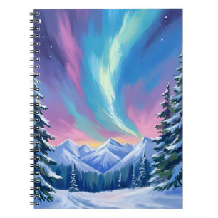Winterliche Nordlicht-Aquarell-Bergnacht Notizblock