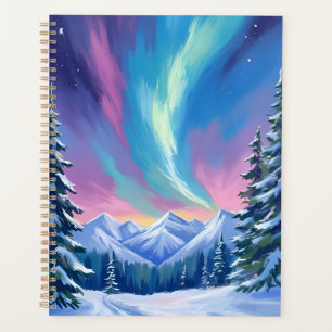 Winterliche Nordlicht-Aquarell-Bergnacht Planer