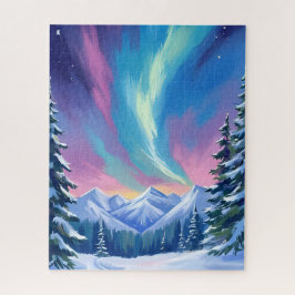 Winterliche Nordlicht-Wasserfarben-Bergnacht
