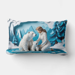 Winterliche Papierkunstszene mit Frau und Eisbären Lendenkissen