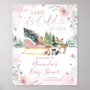 Winterliche Rosa Schneeflockenschlitten-Baby-Party Poster