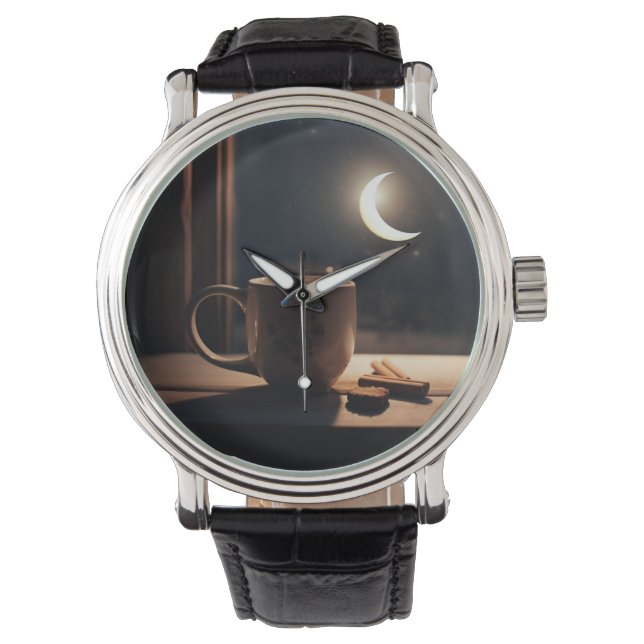 Winterliche Ruhe mit Kaffee und Mond. Armbanduhr (Vorderseite)