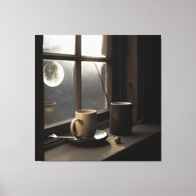 Winterliche Ruhe mit Kaffee und Mond. Leinwanddruck (Vorderseite)